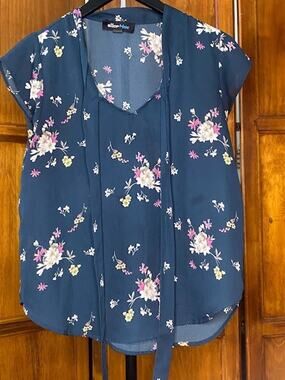 Alice Blue Women's Small Floral Tie Neck Long Sleeve Blouse Teal Boho